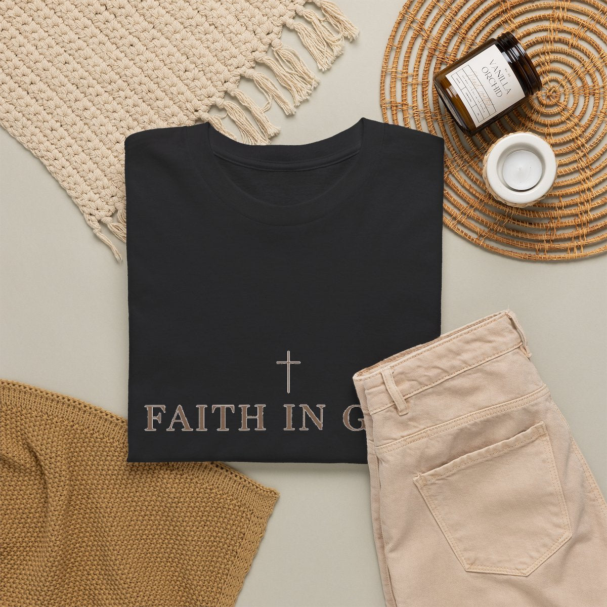 Saints Supply Co Faith in God graphic tee, Black, flat lay view