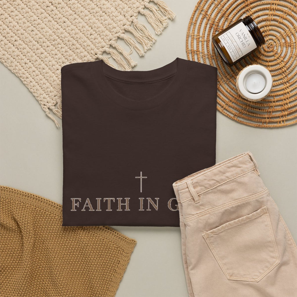 Saints Supply Co Faith in God graphic tee, Dark Chocolate, flat lay view
