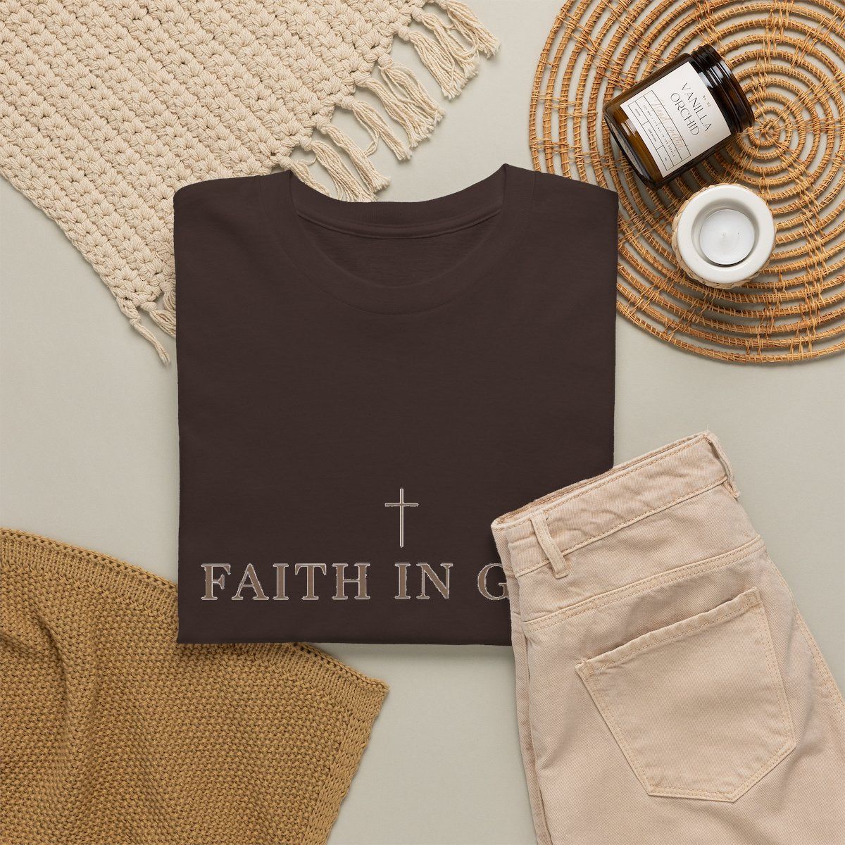 Saints Supply Co Faith in God graphic tee, Dark Chocolate, flat lay view