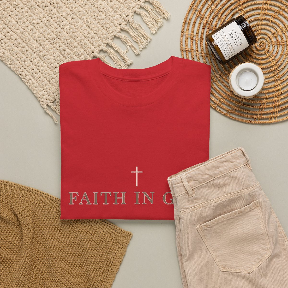 Saints Supply Co Faith in God graphic tee, Red, flat lay view